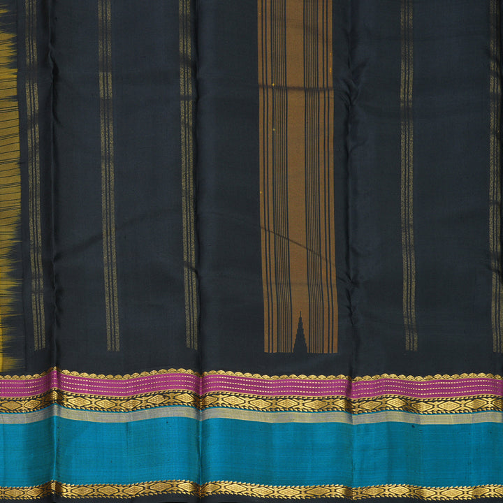 Hayagrivas Handloom Yellow Kanjivaram Silk Saree with Teal Blue Border KBF814H3-2