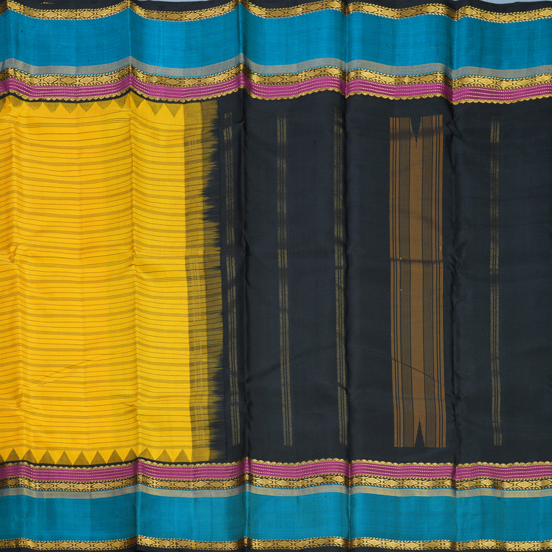 Hayagrivas Handloom Yellow Kanjivaram Silk Saree with Teal Blue Border KBF814H3-2