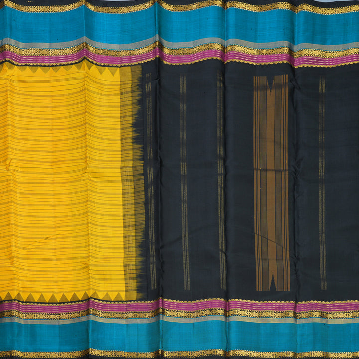 Hayagrivas Handloom Yellow Kanjivaram Silk Saree with Teal Blue Border KBF814H3-2
