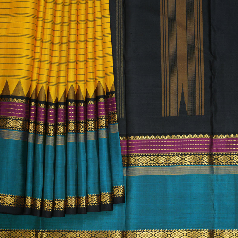Hayagrivas Handloom Yellow Kanjivaram Silk Saree with Teal Blue Border KBF814H3-2