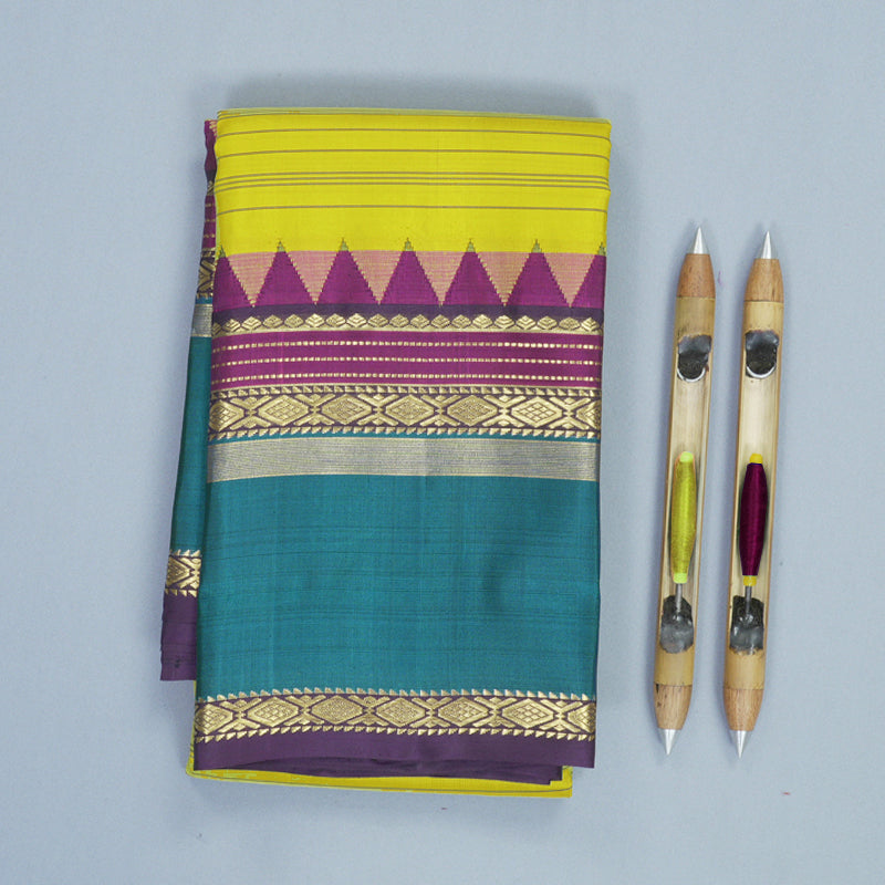 Hayagrivas Handloom Lime Green Kanjivaram Silk Saree with Aqua Blue Border KBF814H3-4