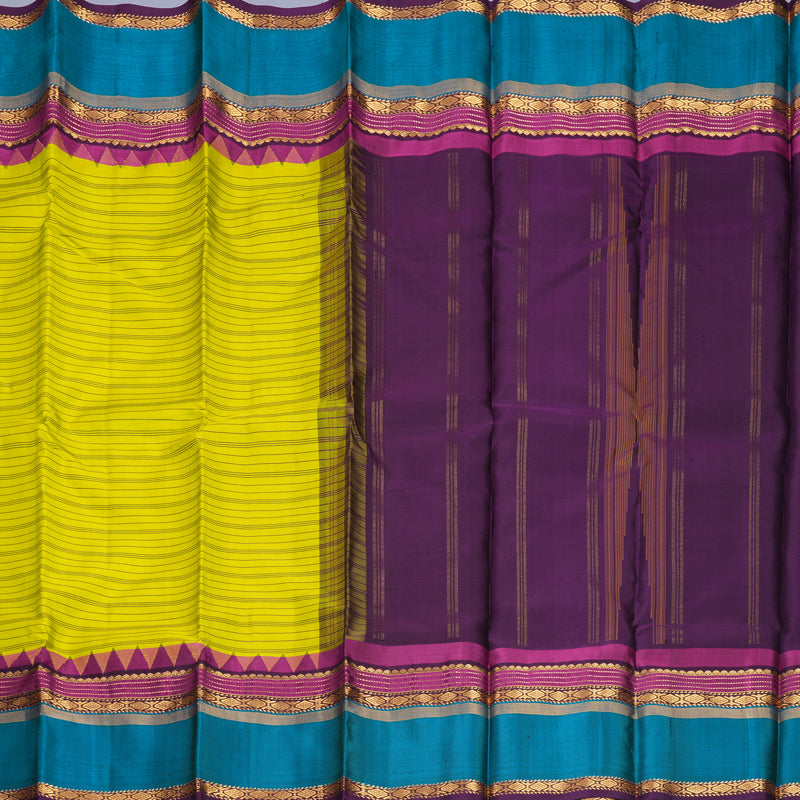 Hayagrivas Handloom Lime Green Kanjivaram Silk Saree with Aqua Blue Border KBF814H3-4