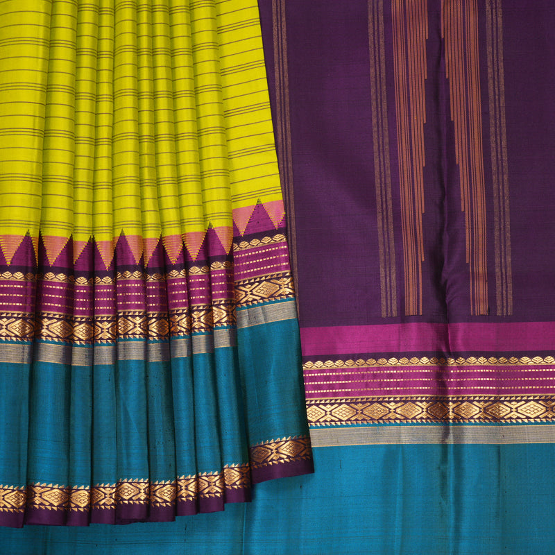 Hayagrivas Handloom Lime Green Kanjivaram Silk Saree with Aqua Blue Border KBF814H3-4