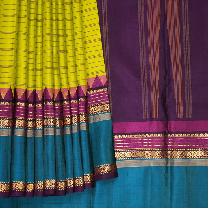 Hayagrivas Handloom Lime Green Kanjivaram Silk Saree with Aqua Blue Border KBF814H3-4