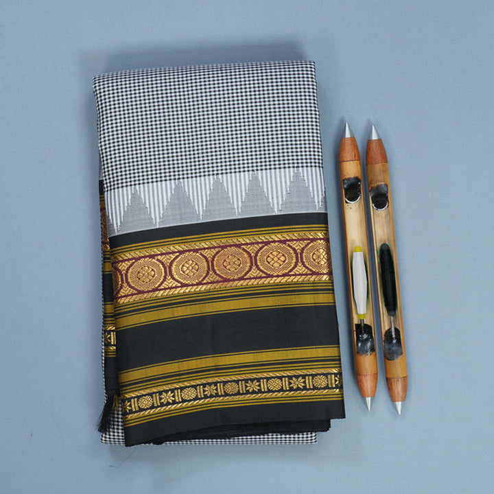 Hayagrivas Handloom Black &amp; White Checks Kanjivaram Silk Saree with Black Border KBF814H3-7