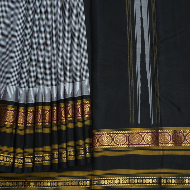 Hayagrivas Handloom Black &amp; White Checks Kanjivaram Silk Saree with Black Border KBF814H3-7