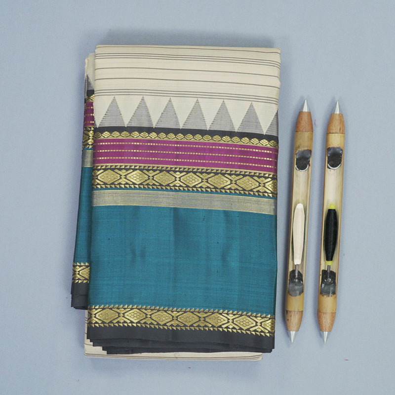 Hayagrivas Handloom Beige Kanjivaram Silk Saree with Aqua Blue Border KBF814H3-8