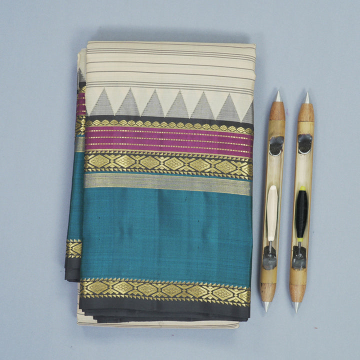 Hayagrivas Handloom Beige Kanjivaram Silk Saree with Aqua Blue Border KBF814H3-8
