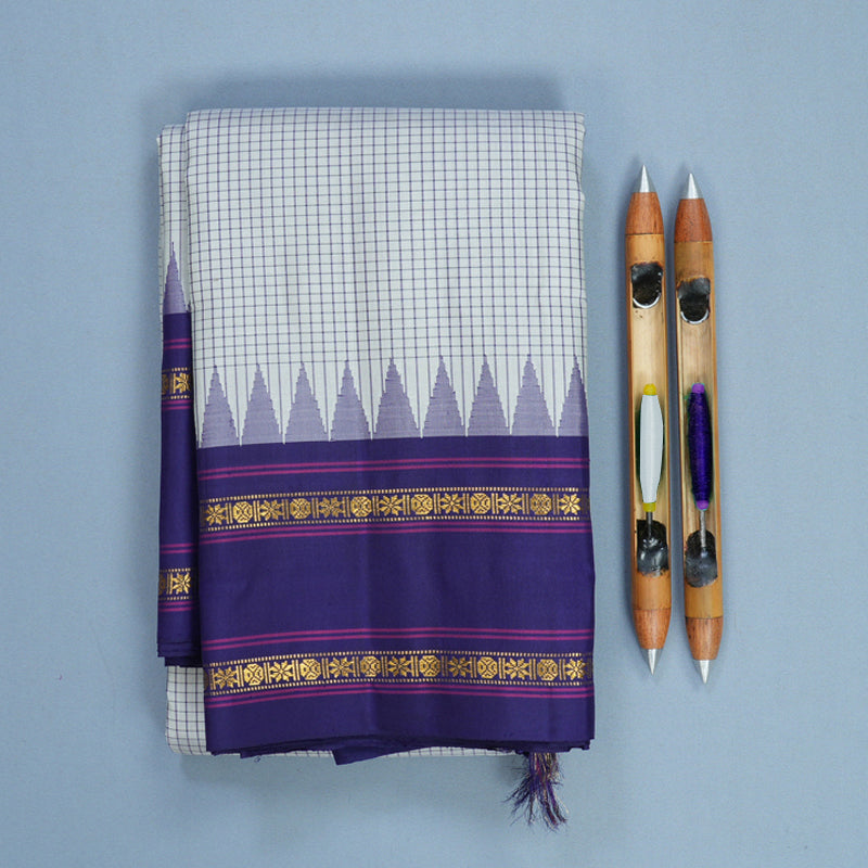 Hayagrivas Handloom Light Grey Kanjivaram Silk Saree with Purple Border KBF814H4-1