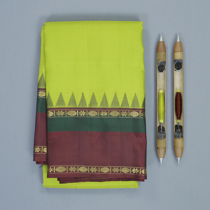 Hayagrivas Handloom Lime Green Kanjivaram Silk Saree with Dark Maroon &amp; Bottle Green Border KBF814H4-2