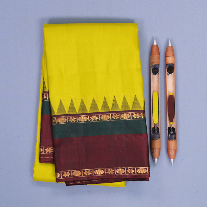 Hayagrivas Handloom Lime Green Kanjivaram Silk Saree with Dark Maroon &amp; Bottle Green Border KBF814H4-3