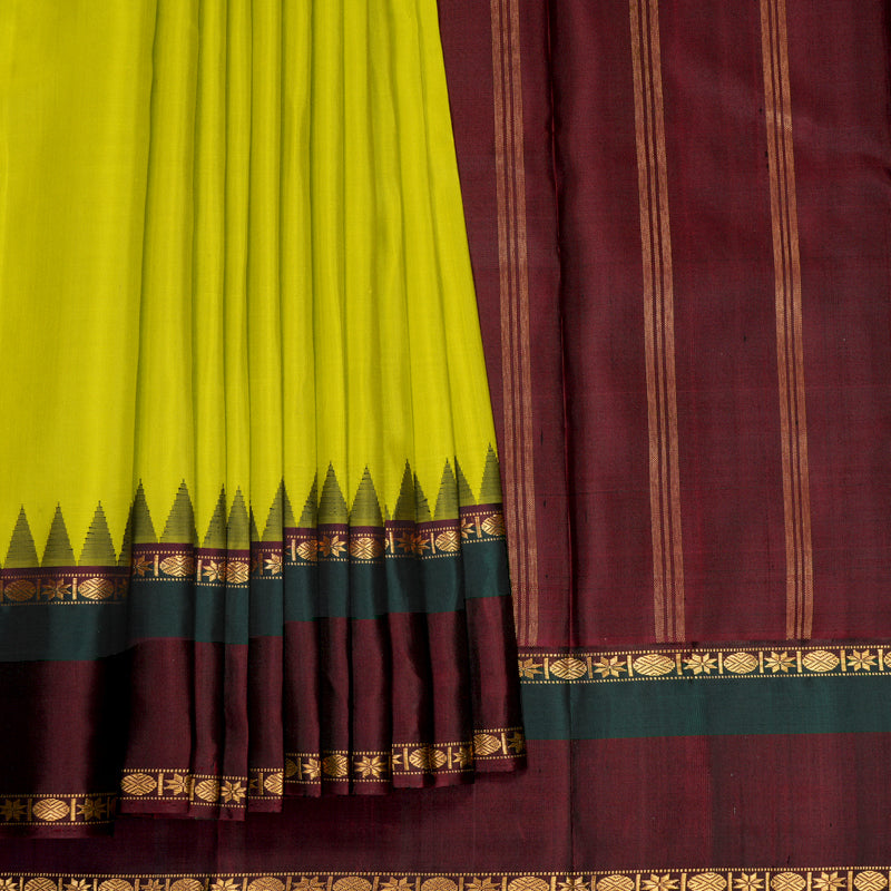 Hayagrivas Handloom Lime Green Kanjivaram Silk Saree with Dark Maroon &amp; Bottle Green Border KBF814H4-3