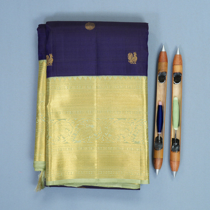 Hayagrivas Handloom Midnight Blue Kanjivaram Silk Saree with Pista Green Border KBF815H1-1