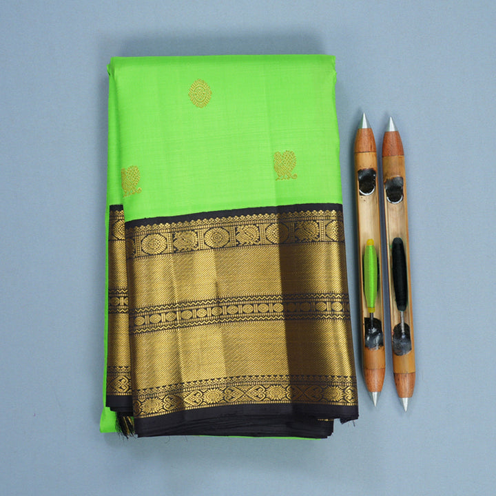 Hayagrivas Handloom Neon Green Kanjivaram Silk Saree with Deep Snuff Border KBF815H2-1
