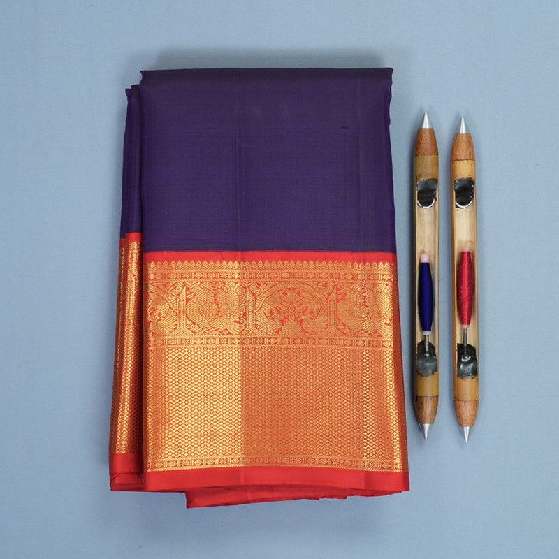 Hayagrivas Handloom Brinjal Purple Kanjivaram Silk Saree with Red Border KBF815H3-1