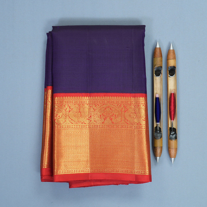 Hayagrivas Handloom Brinjal Purple Kanjivaram Silk Saree with Red Border KBF815H3-1