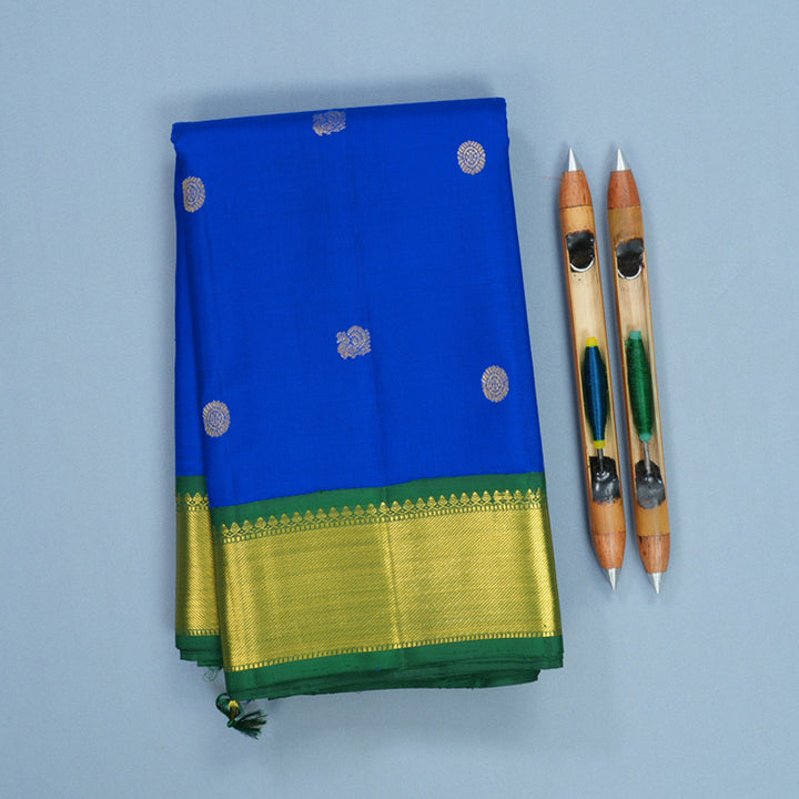 Hayagrivas Handloom MS Blue Kanjivaram Silk Saree with Dark Green Border KBF816H5-2