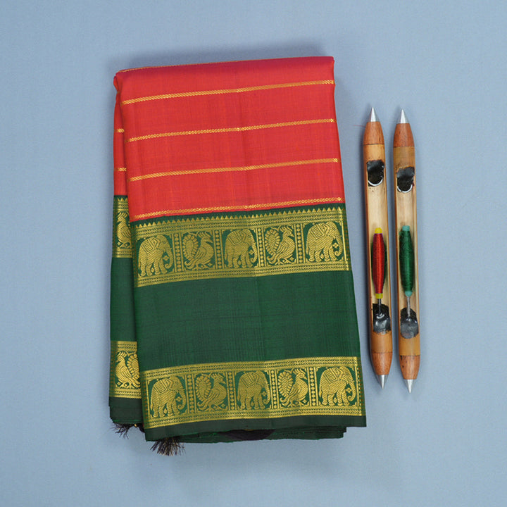 Hayagrivas Handloom Rust Orange Kanjivaram Silk Saree with Bottle Green Border KBF816H7-1