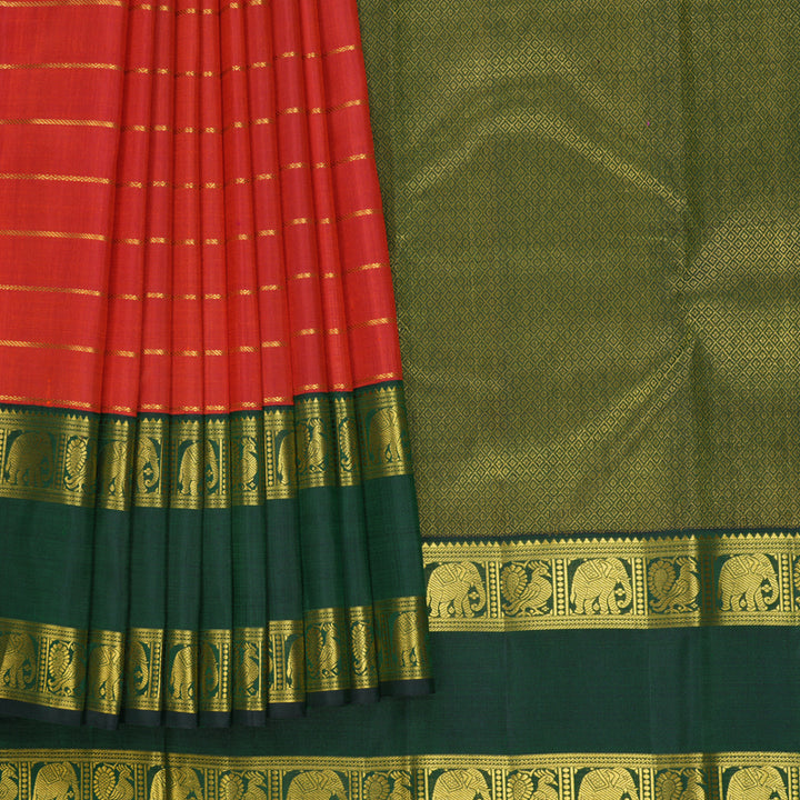 Hayagrivas Handloom Rust Orange Kanjivaram Silk Saree with Bottle Green Border KBF816H7-1