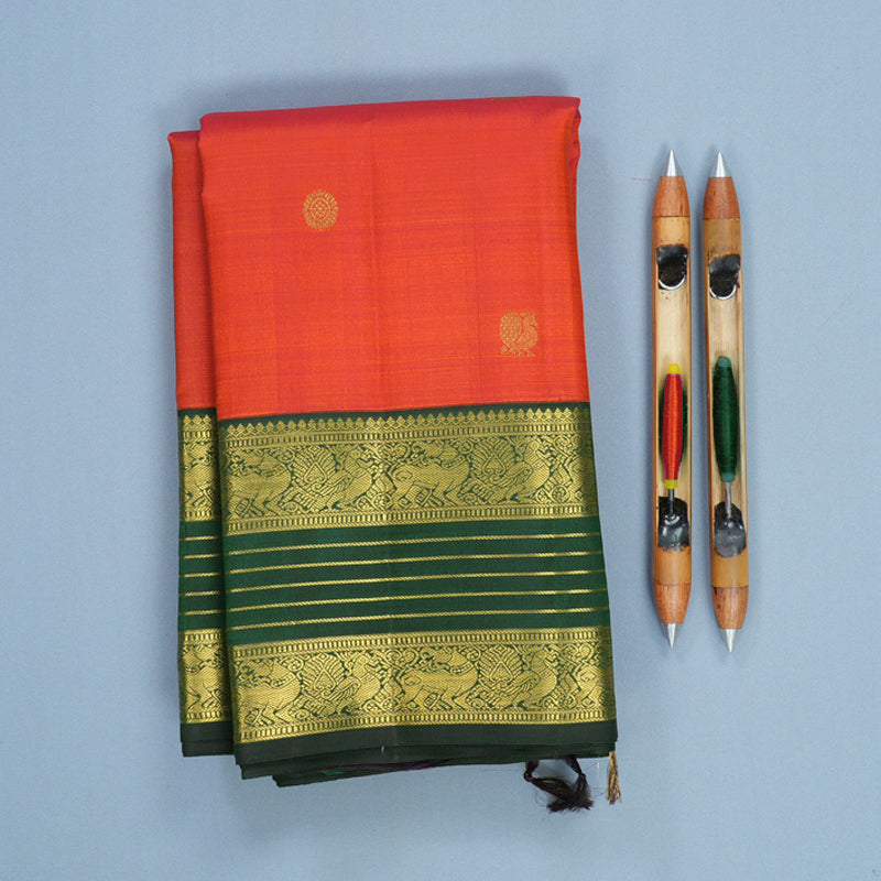 Hayagrivas Handloom Rust Orange Kanjivaram Silk Saree with Bottle Green Border KBF816H7-2
