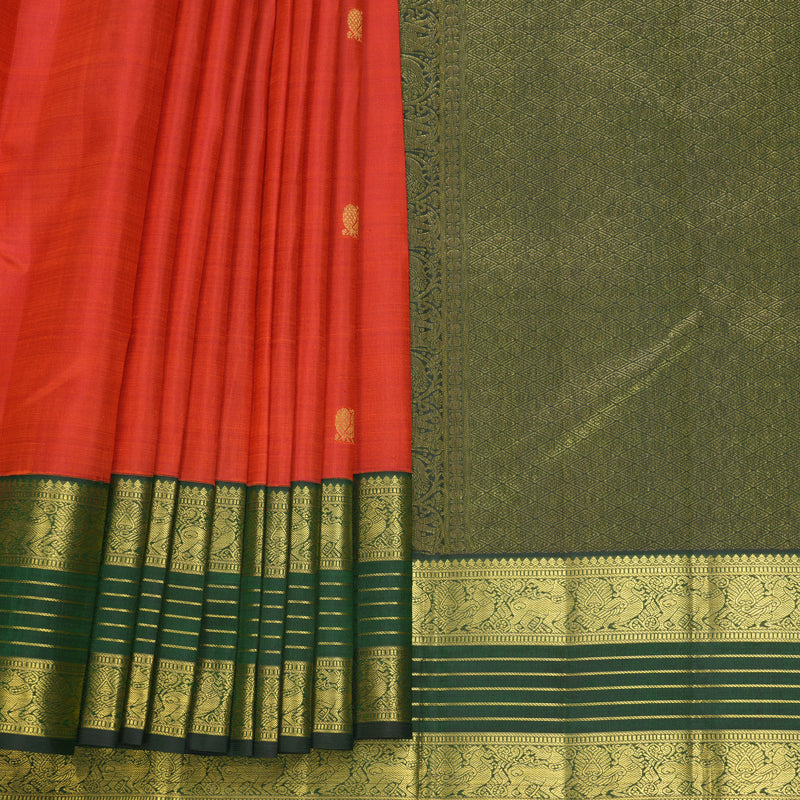 Hayagrivas Handloom Rust Orange Kanjivaram Silk Saree with Bottle Green Border KBF816H7-2