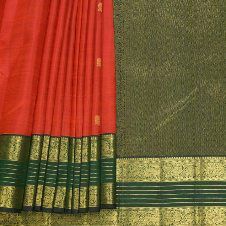 Hayagrivas Handloom Rust Orange Kanjivaram Silk Saree with Bottle Green Border KBF816H7-2