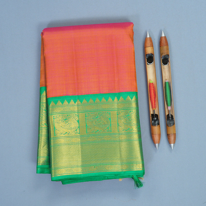 Hayagrivas Handloom Orangish-Pink Kanjivaram Silk Saree with Meenakshi Green Border KBF817H2-2