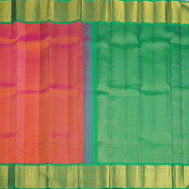 Hayagrivas Handloom Orangish-Pink Kanjivaram Silk Saree with Meenakshi Green Border KBF817H2-2