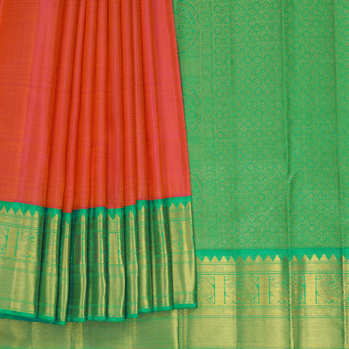 Hayagrivas Handloom Orangish-Pink Kanjivaram Silk Saree with Meenakshi Green Border KBF817H2-2