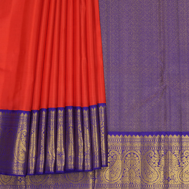 Hayagrivas Handloom Red Kanjivaram Silk Saree with Purple Border KBF817H2-6