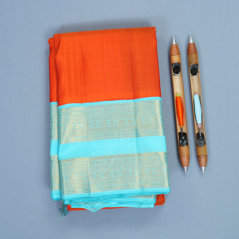 Hayagrivas Handloom Fanta Orange Kanjivaram Silk Saree with Sea Blue Border KBF817H2-7