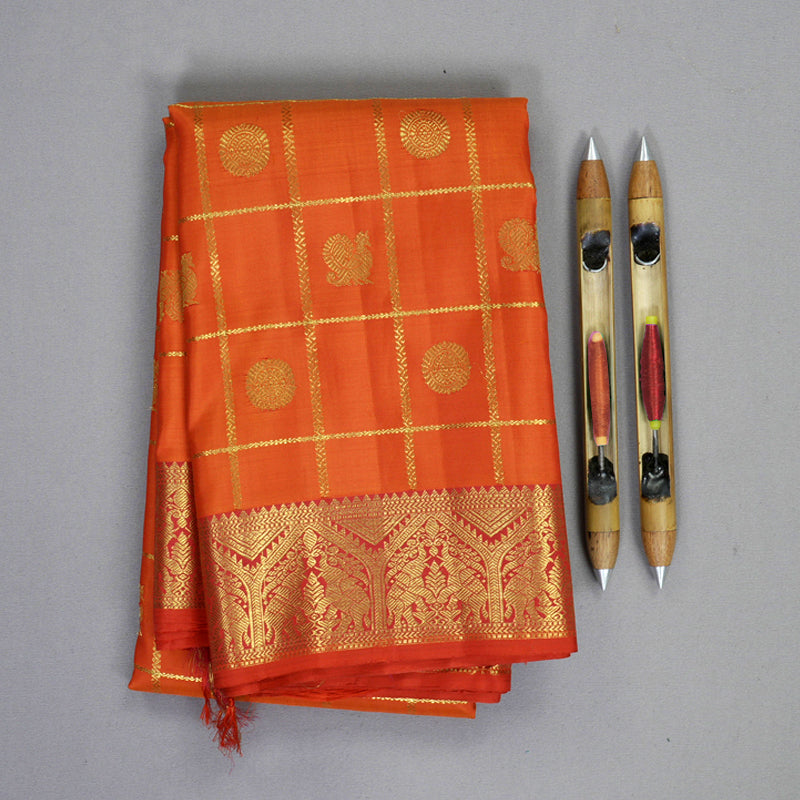 Hayagrivas Handloom Orange Kanjivaram Silk Saree with Reddish-Pink Border KBF817H5-1