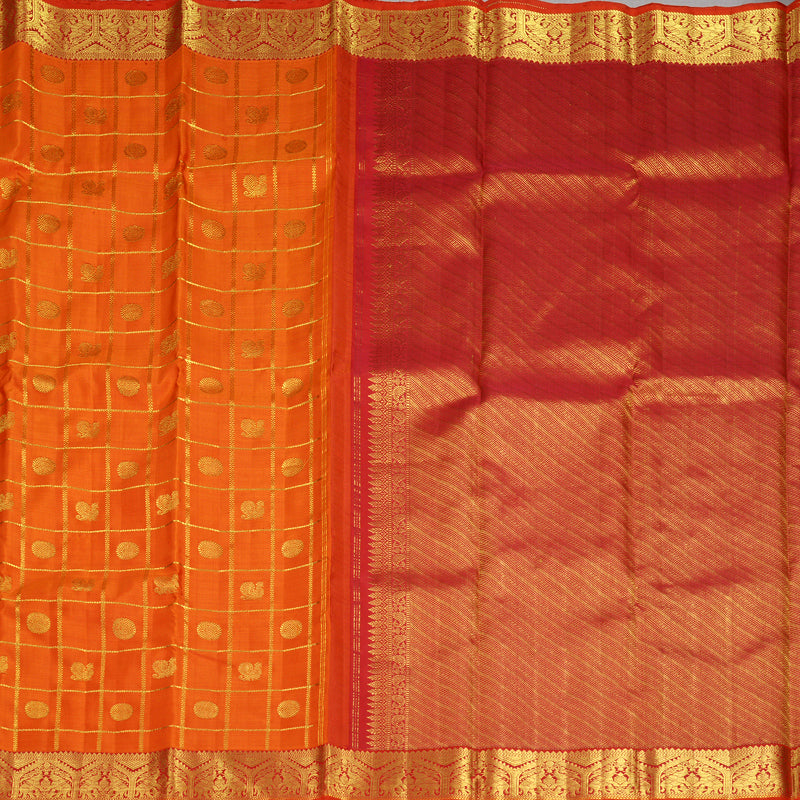 Hayagrivas Handloom Orange Kanjivaram Silk Saree with Reddish-Pink Border KBF817H5-1