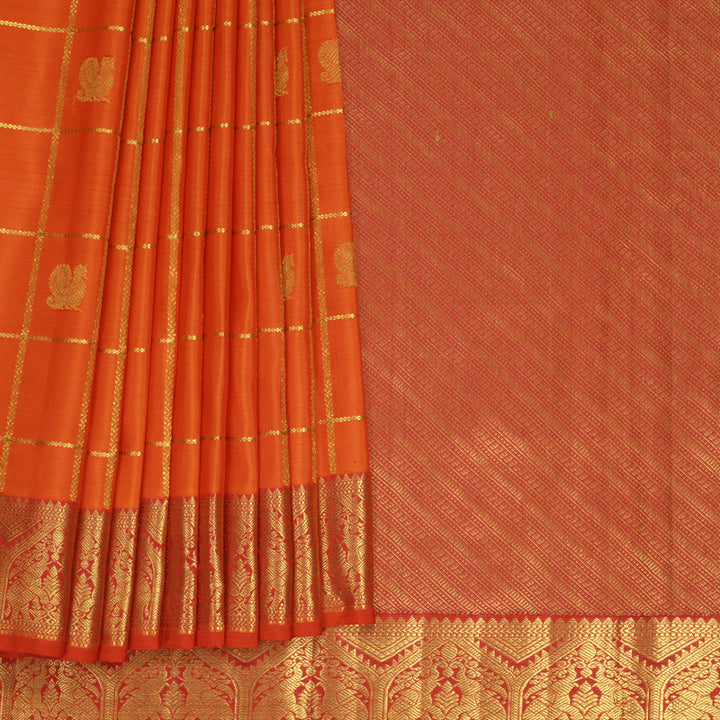 Hayagrivas Handloom Orange Kanjivaram Silk Saree with Reddish-Pink Border KBF817H5-1