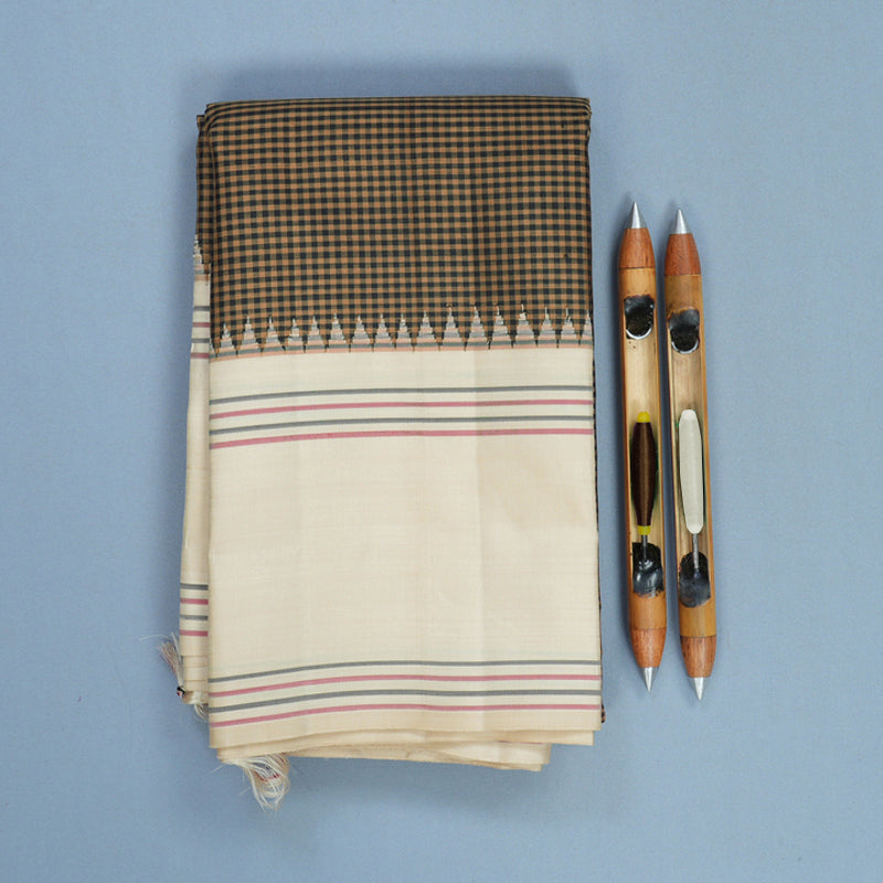 Hayagrivas Handloom Brown &amp; Black Checks Kanjivaram Silk Saree with Ivory Border KBF818H1-1