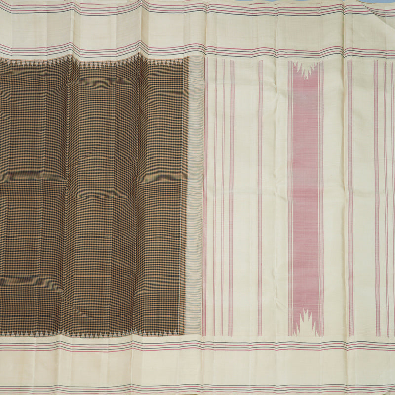 Hayagrivas Handloom Brown &amp; Black Checks Kanjivaram Silk Saree with Ivory Border KBF818H1-1