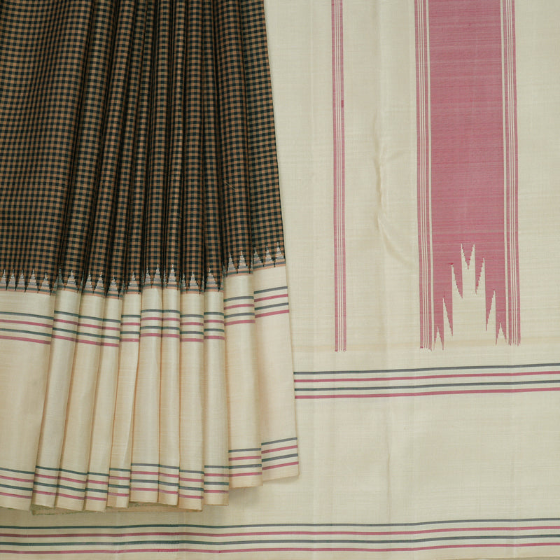 Hayagrivas Handloom Brown &amp; Black Checks Kanjivaram Silk Saree with Ivory Border KBF818H1-1