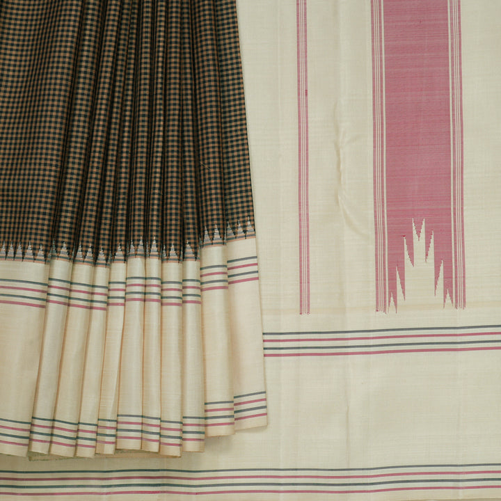 Hayagrivas Handloom Brown &amp; Black Checks Kanjivaram Silk Saree with Ivory Border KBF818H1-1