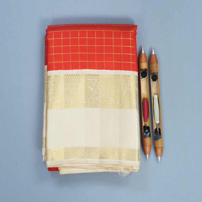 Hayagrivas Handloom Red Kanjivaram Silk Saree with Half-White Border KBF818H12-1