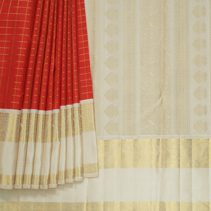 Hayagrivas Handloom Red Kanjivaram Silk Saree with Half-White Border KBF818H12-1