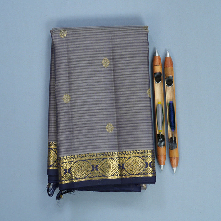 Hayagrivas Handloom Grey Kanjivaram Silk Saree with Navy Blue Border KBF818H2-1