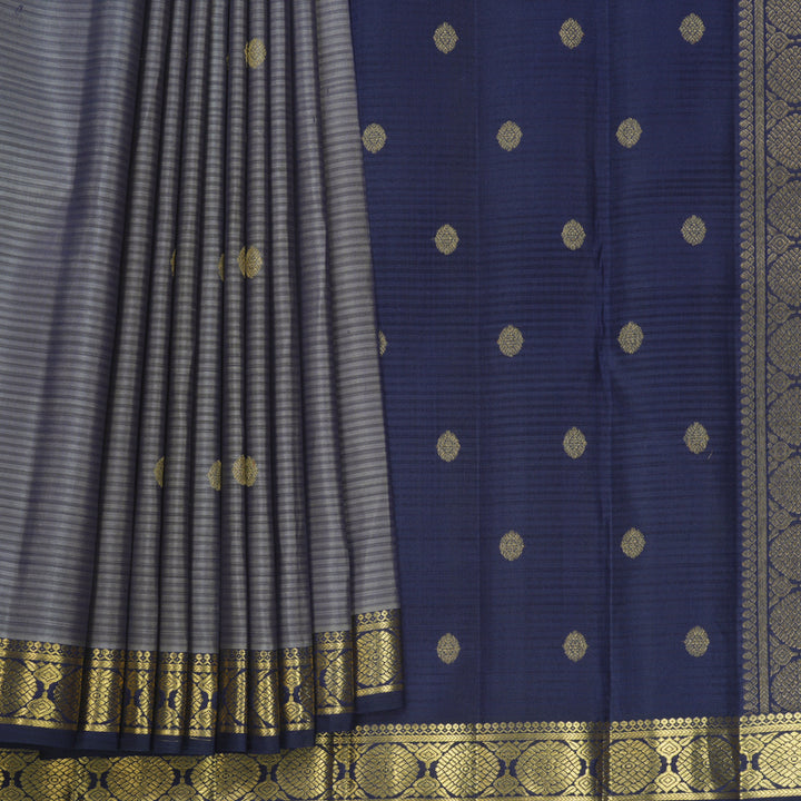 Hayagrivas Handloom Grey Kanjivaram Silk Saree with Navy Blue Border KBF818H2-1