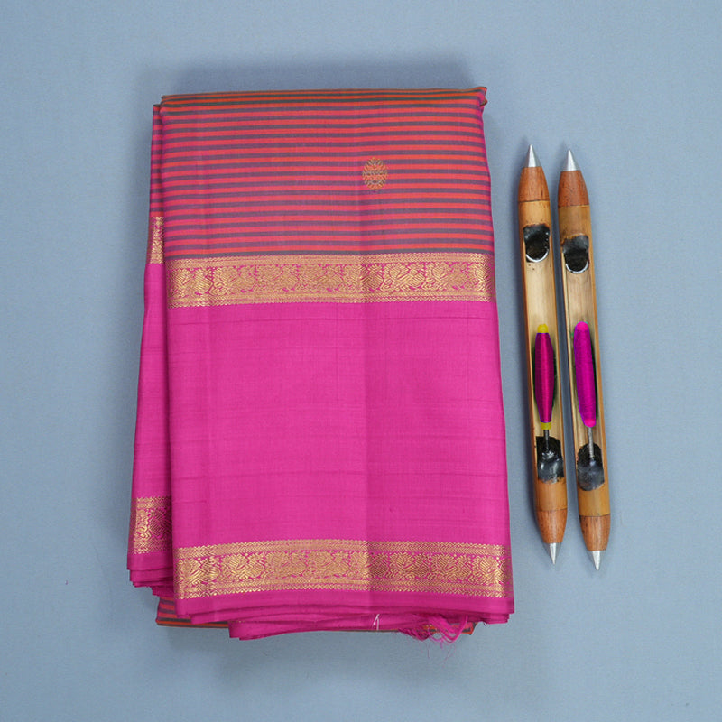 Hayagrivas Handloom Orange &amp; Green Stripes Kanjivaram Silk Saree with Rani Pink Border KBF818H3-1