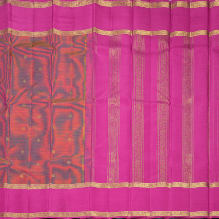 Hayagrivas Handloom Orange &amp; Green Stripes Kanjivaram Silk Saree with Rani Pink Border KBF818H3-1