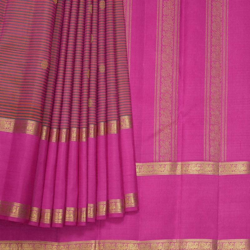 Hayagrivas Handloom Orange &amp; Green Stripes Kanjivaram Silk Saree with Rani Pink Border KBF818H3-1