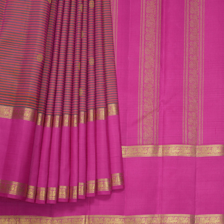 Hayagrivas Handloom Orange &amp; Green Stripes Kanjivaram Silk Saree with Rani Pink Border KBF818H3-1