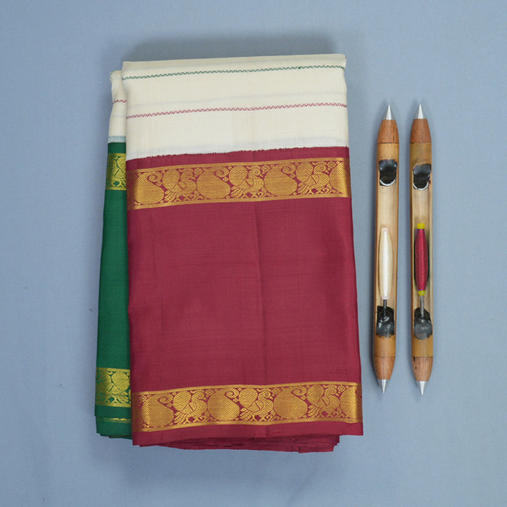 Hayagrivas Handloom Half-White Kanjivaram Silk Saree with Ganga Jamuna Border KBF820H2-1