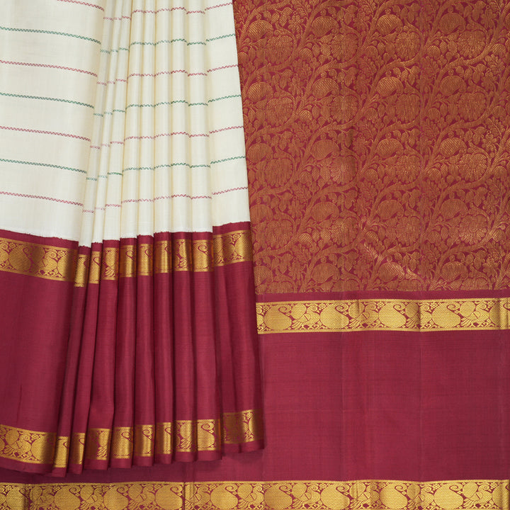 Hayagrivas Handloom Half-White Kanjivaram Silk Saree with Ganga Jamuna Border KBF820H2-1