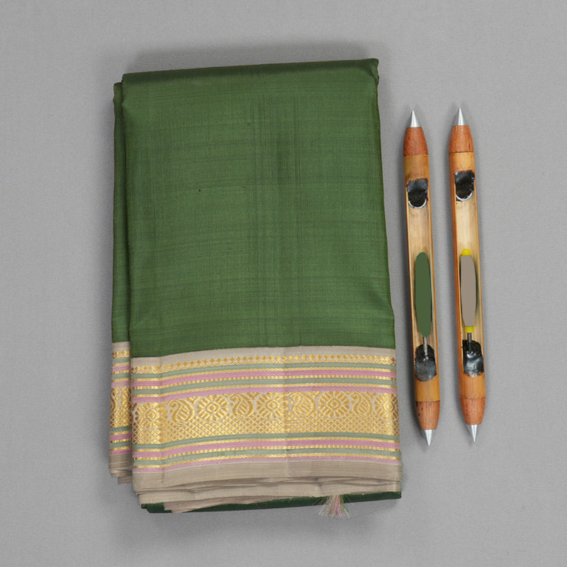 Hayagrivas Handloom Army Green Kanjivaram Silk Saree with Greige Border KBF820H7-1