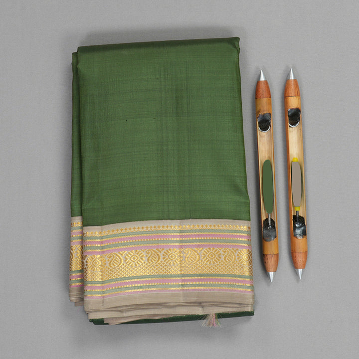 Hayagrivas Handloom Army Green Kanjivaram Silk Saree with Greige Border KBF820H7-1